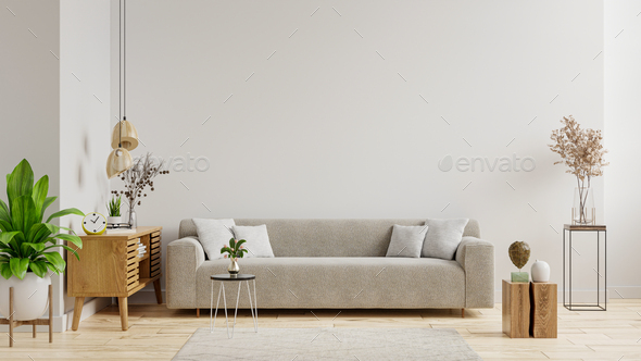 Empty living room with sofa have plants and table on empty white wall  background. Stock Photo by vanitjan
