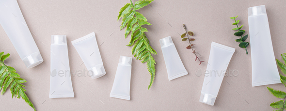 Skincare organic beauty product bottles, green plant leaves on gray background