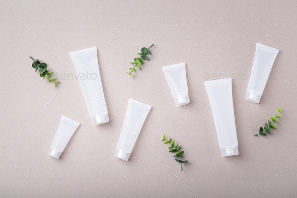 Skincare organic beauty product bottles, green plant leaves on gray background