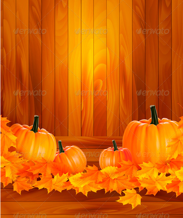 Pumpkins on wooden background with leaves - Seasons Nature