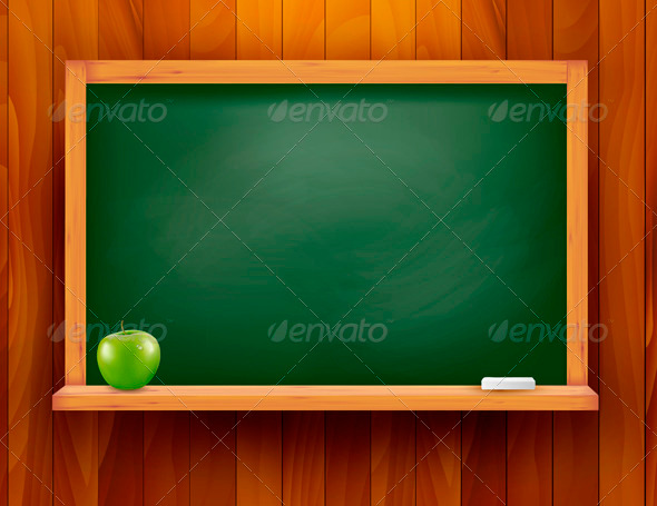 Blackboard with green apple on wooden background - Backgrounds Business