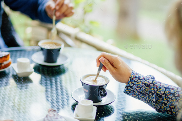 coffee for two in cafe outdoors - Stock Photo - Images
