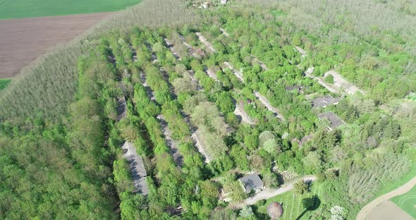Aerial view of old abandoned pig farm. Livestock farm. Abandoned collective farm alt