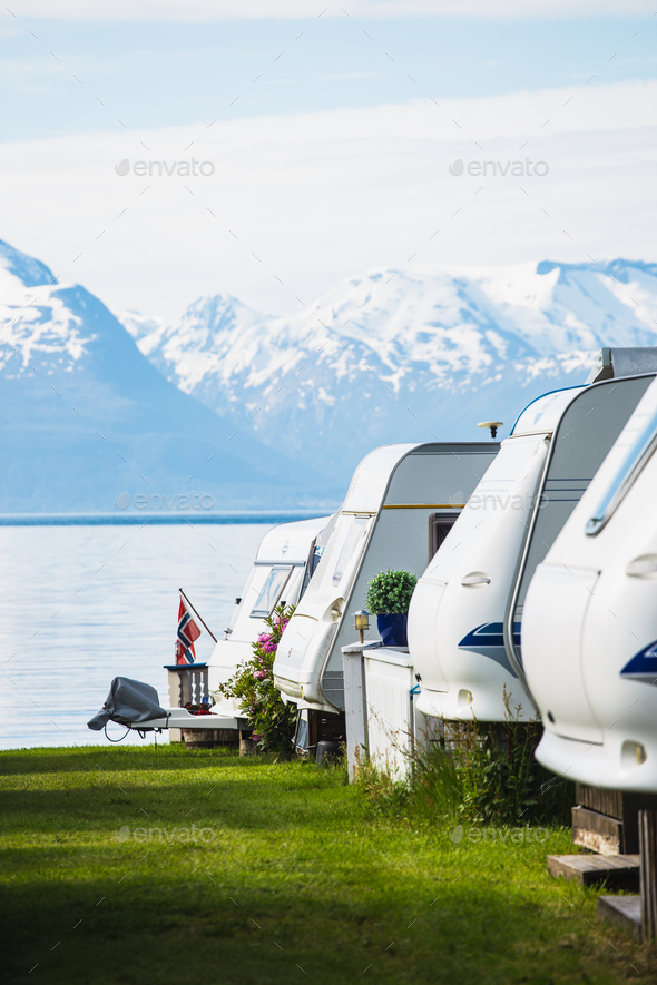 camping site with the caravan cars
