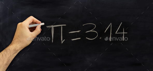 Pi mathematics constant number chalk drawing on a school black board