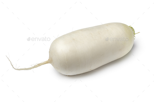 Single white whole daikon radish on white background - Stock Photo - Images
