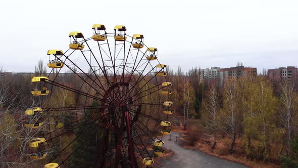 Chernobyl Exclusion Zone. Pripyat. Aerial. Abandoned Ferris Wheel. alt