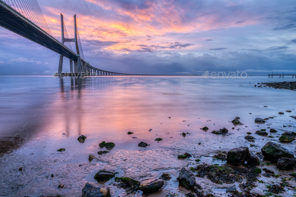 The Vasco da Gama bridge at sunrise - Stock Photo - Images
