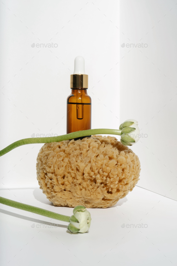 Serum and natural sea sponge on a light background.