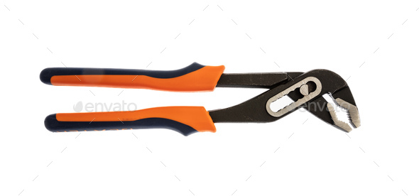 Water pump pliers isolated on white, rubber handle new work tool, design element..