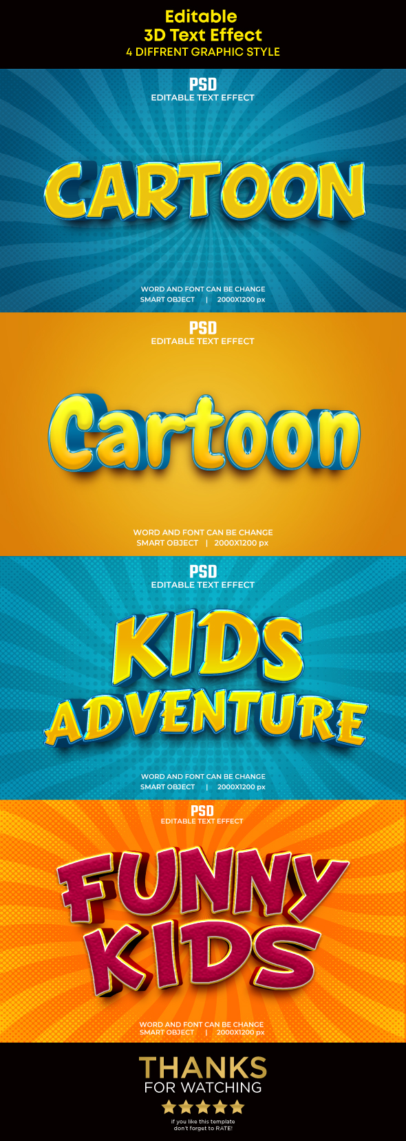 4 Cartoon Style 3D Editable Text Effect with Background