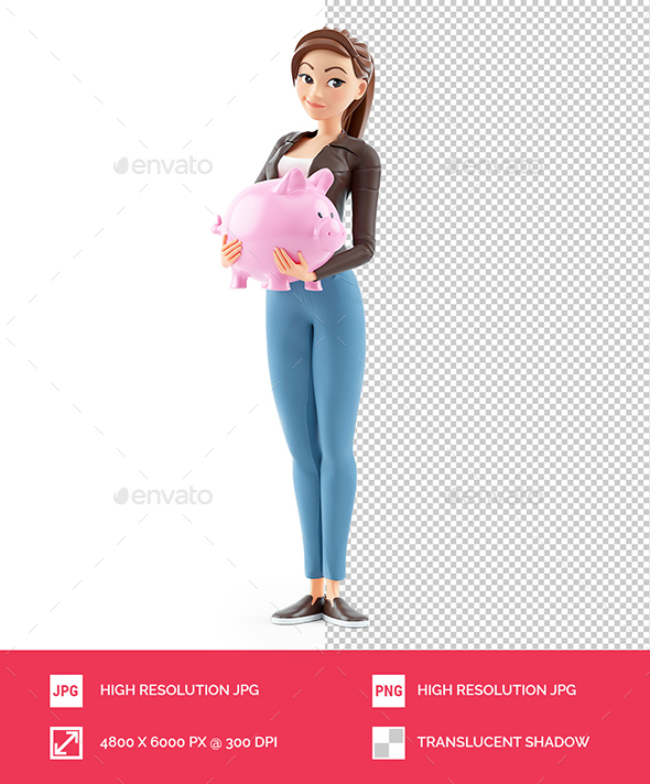 3D Cartoon Woman Standing with Piggy Bank