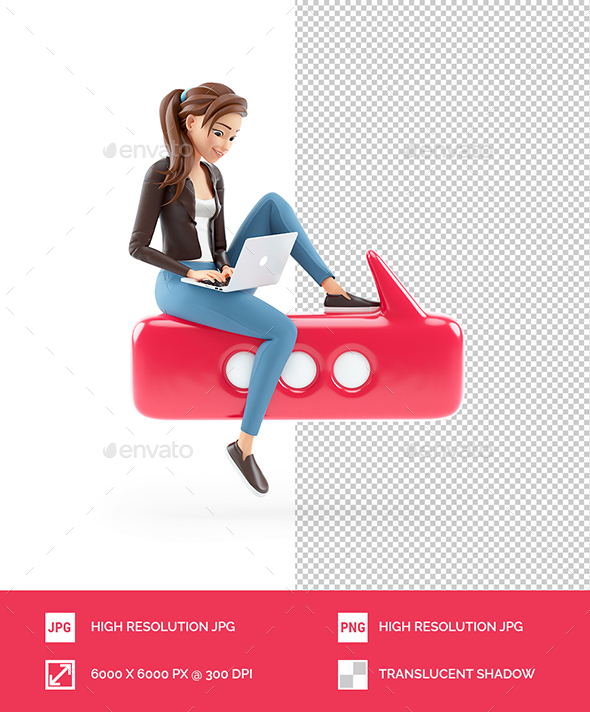 3D Cartoon Woman with Laptop Sitting on Bubble Talk