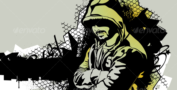 Gangster on dirty graffiti background - People Characters