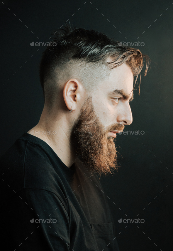 Cinematic Portrait Side View Of A Young Hipster Bearded Man With Copy Space With Cinematic Stock 6605