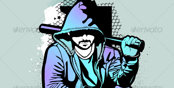 Gangster on dirty graffiti background - People Characters