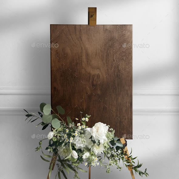 Wedding easel sign in wooden texture with flowers Stock Photo by Rawpixel