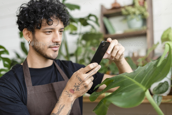 Man takes a photo of houseplant to share on social media