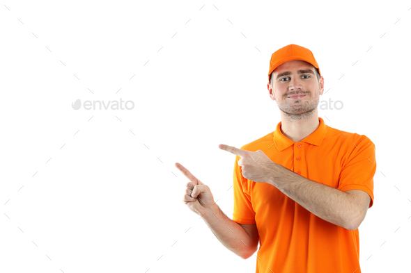 Delivery man in cap and t-shirt isolated on white background