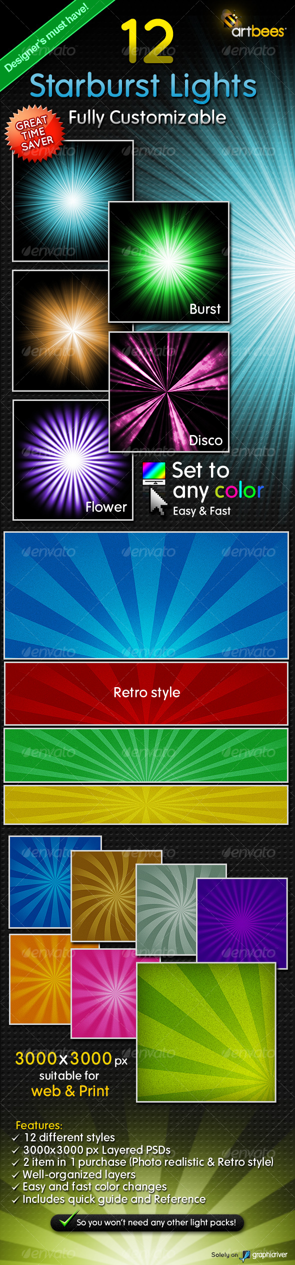 12 Starburst Light Rays - Customizable - Abstract Backgrounds