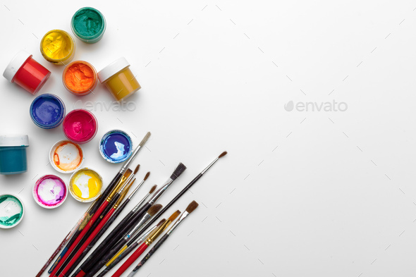 Artist palette with art tools and supplies, vector illustration