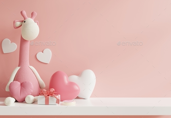 Valentine\'s day in children\'s room with little giraffe on pink wall background.