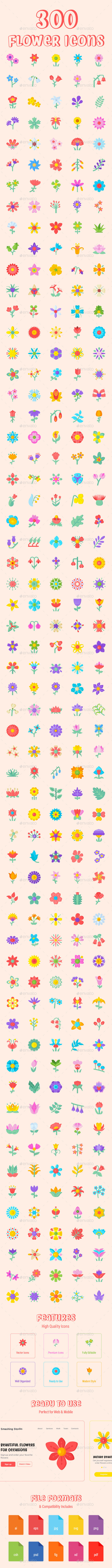 300 Flat Flower Icons