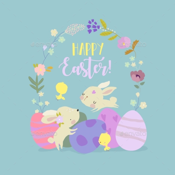 Cute Easter Bunnies and Easter Egg