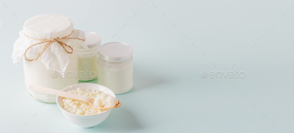 Milk mushroom cottage cheese probiotic fermented milk products glass bowl. Fermented foods healthy