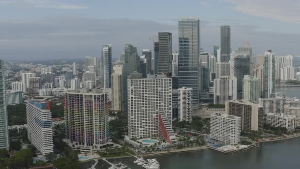 Aerial semi-orbital shot in downtown Miami showcasing buildings along the bayside alt
