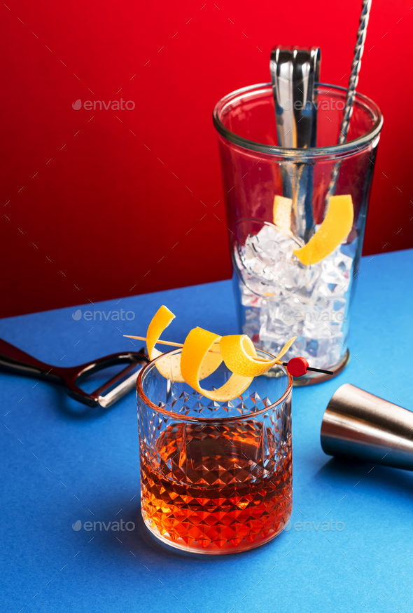 Sazerac cocktail with cognac, bourbon, absinthe, bitters, sugar and