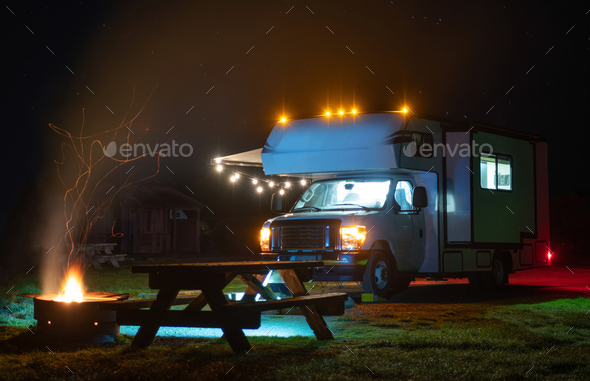 RV Park Motorhome Camper Van Camping with Campfire