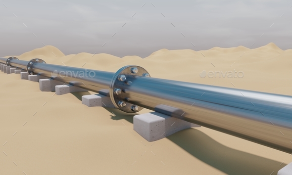 Industrial Pipe and valve on desert sand. Oil and gas industry Stainless steel pipeline. 3d render