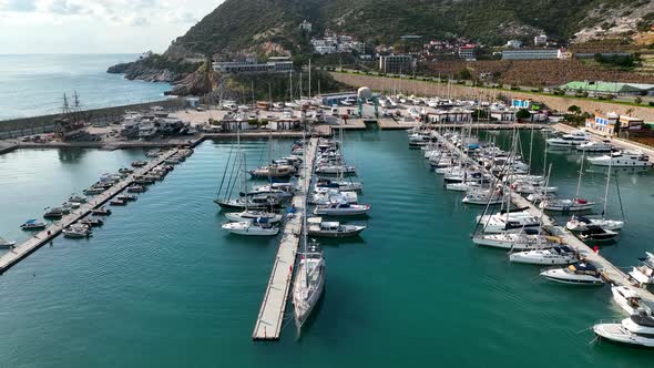 Yachts in the port aerial view 4 K Alanya Turkey alt