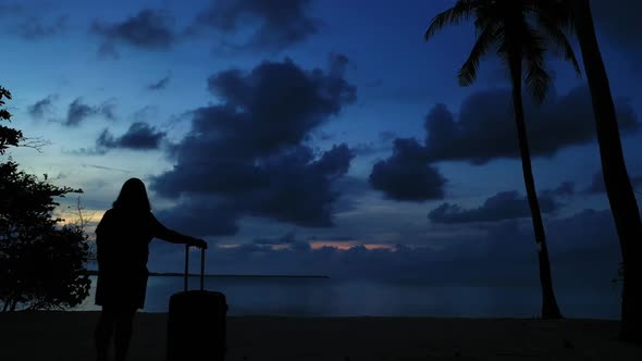 Girl relaxing on exotic island beach journey by clear lagoon and white sand background of the Maldiv alt