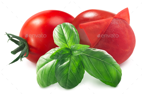Peeled tomato with fresh  basil leaves isolated - Stock Photo - Images