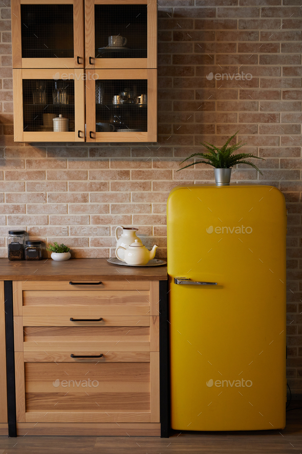 Yellow Retro Fridge in Kitchen Stock Photo by seventyfourimages | PhotoDune