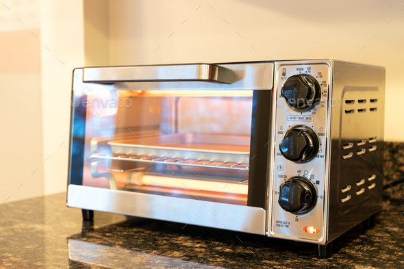 Stainless steel toaster oven in the kitchen countertop