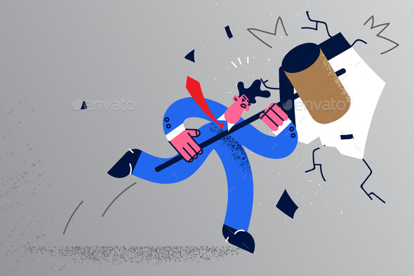 Motivated Businessman Break Wall with Hammer