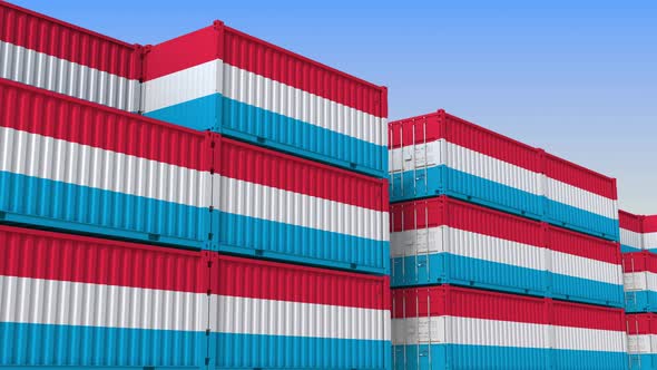 Container Yard Full of Containers with Flag of Luxembourg alt
