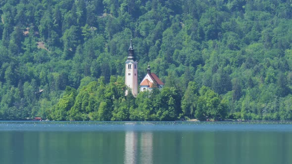 Church of the Assumption of Mary at Lake Bled in Slovenia. Steady shot of island white forest in bac alt
