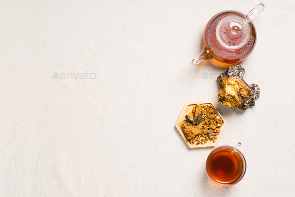 Healthy eating concept. Fashionable food drinks. Healing healthy forest mushroom tea glass mug