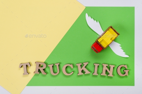 Abstract picture of a truck with wings and a word of trucking.