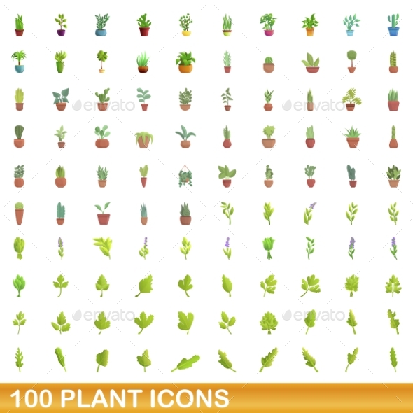 100 Plant Icons Set Cartoon Style