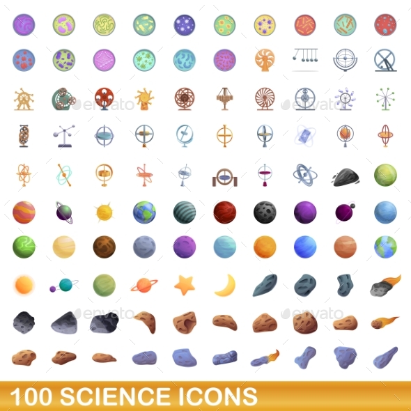 100 Science Icons Set Cartoon Style