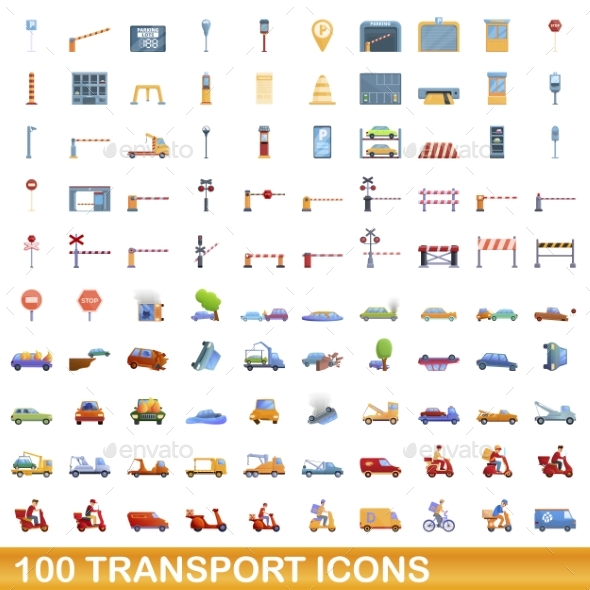 100 Transport Icons Set Cartoon Style
