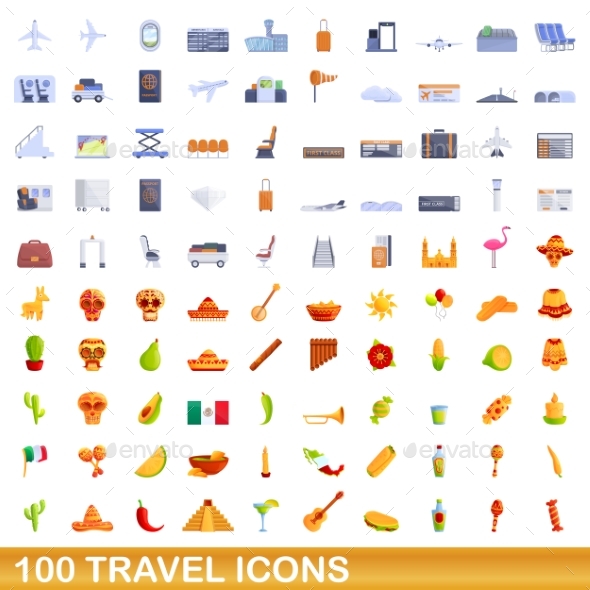 100 Travel Icons Set Cartoon Style