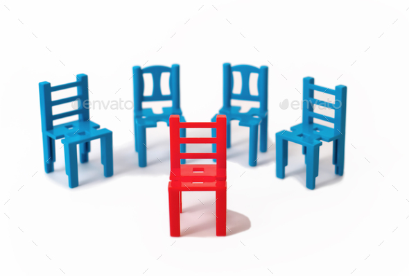 one red chair stand out of other blue. being unique and diffenent, Individuality concept.