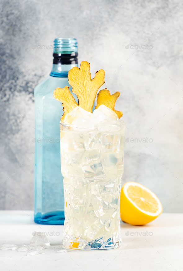 Gin mule trendy cocktail with dry gin, lemon juice, soda, lime and