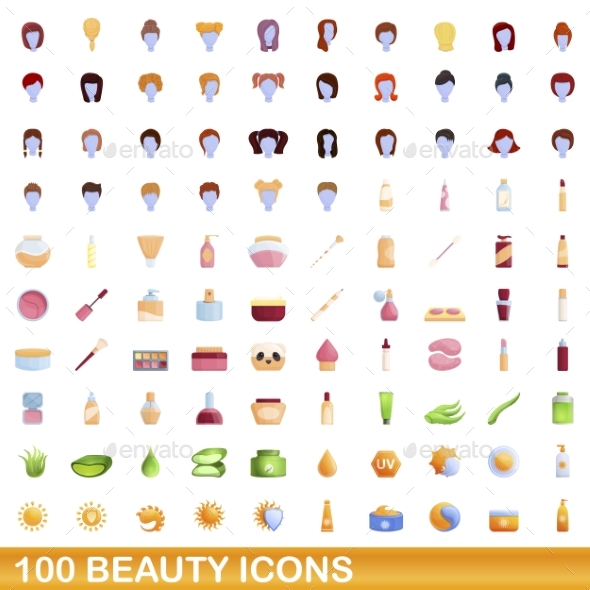 100 Beauty Icons Set Cartoon Style